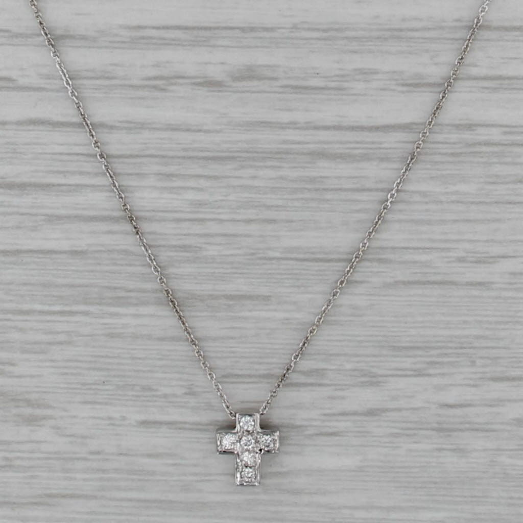 0.12ctw Diamond Small Cross Pendant Necklace 18k White Gold 16.25" Rope Chain