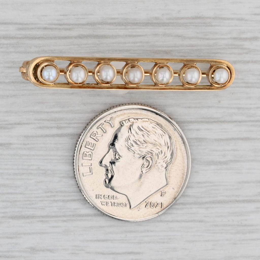 Gray Cultured Pearl Bar Pin 14k Yellow Gold Vintage Brooch