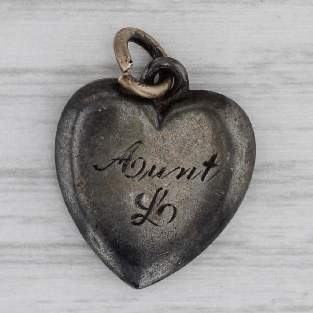 Gray Vintage Puffy Heart Charm Silver Enamel Ornate Pendant