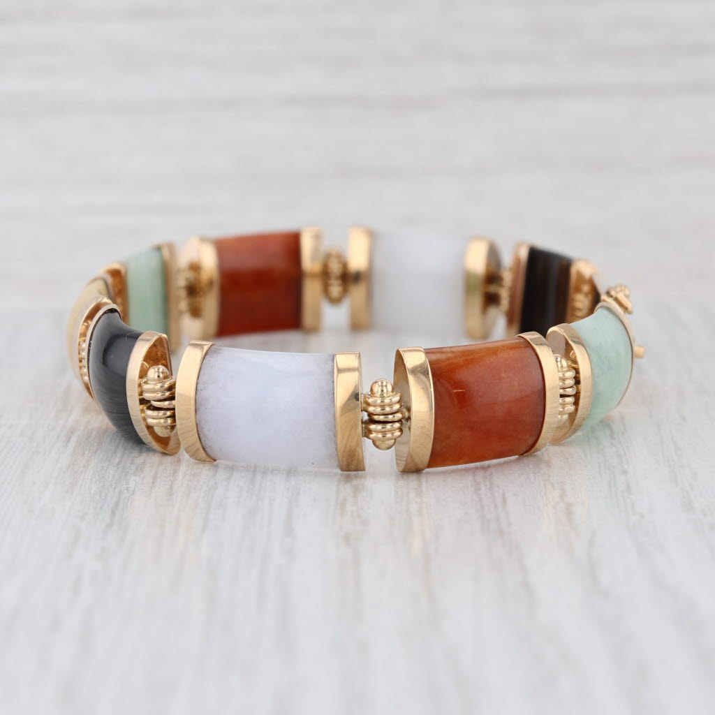 Multicolor Nephrite Jadeite Jade Link Bracelet 14k Yellow Gold 7.75" 11.3mm