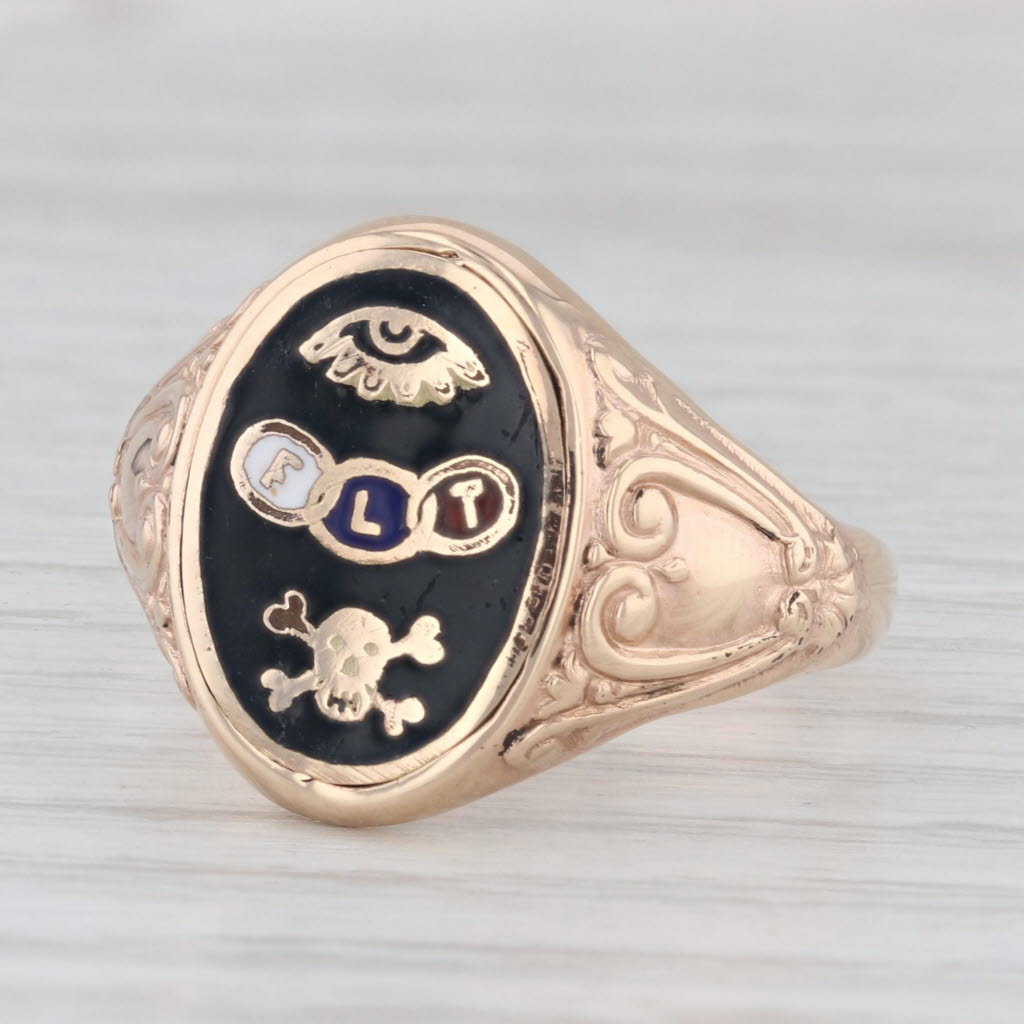 Light Gray Vintage Odd Fellow Ring 10k Yellow Gold Eye FLT Rings Skull Signet Size 10