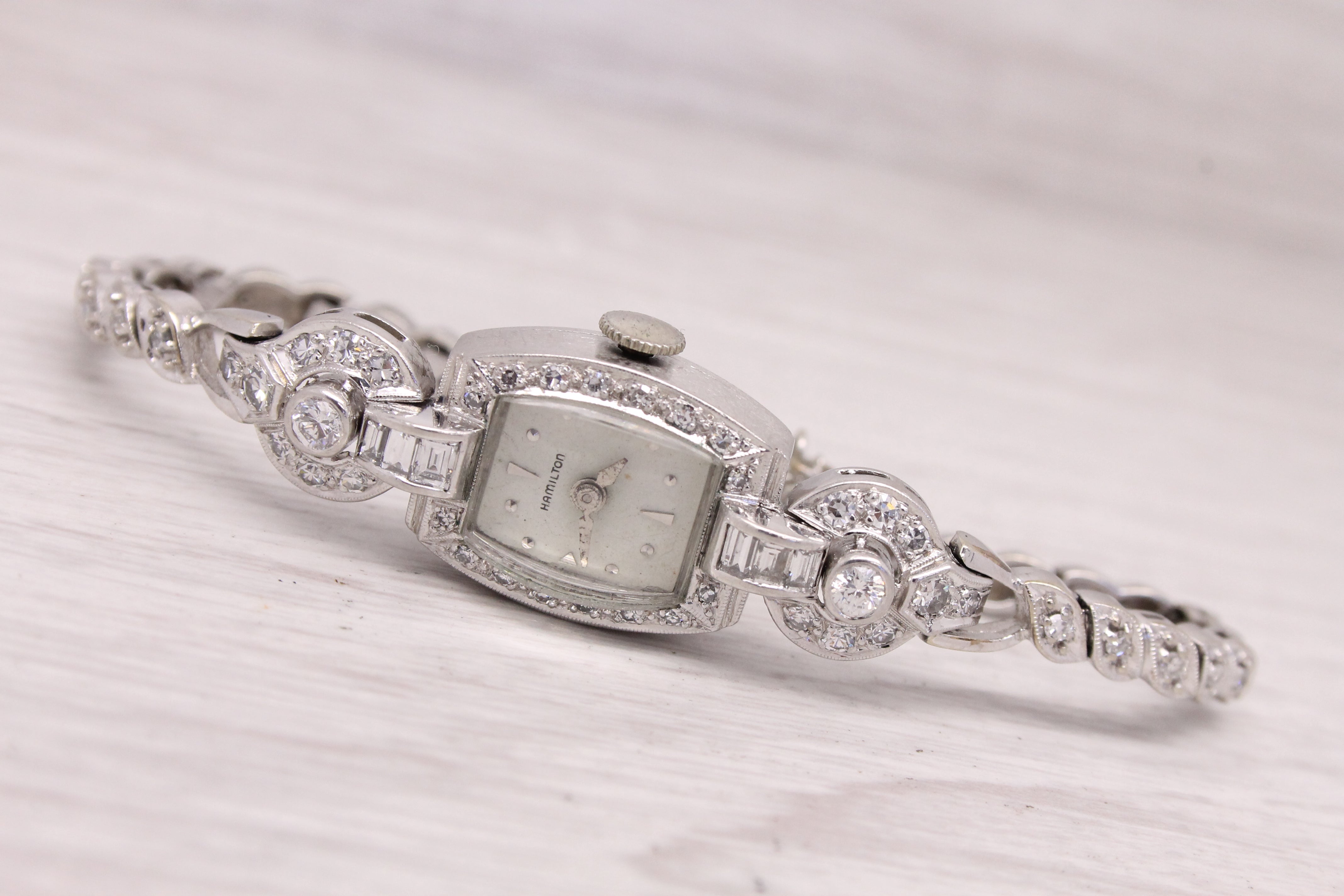 Light Gray Vintage c.1950's Hamilton Ladies 14k & Platinum Diamond Watch 1.19ctw SERVICED