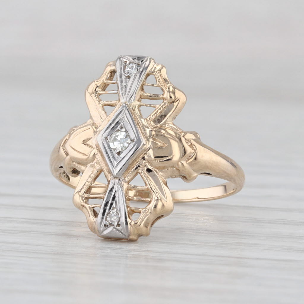 Vintage Diamond Filigree Openwork Ring 14k Yellow White Gold Size 7
