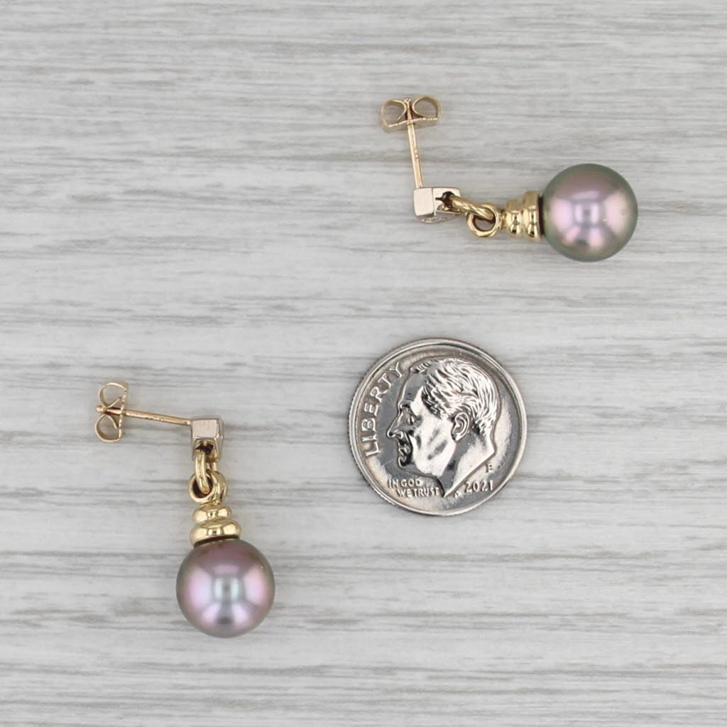 Gray Cultured Pearl Diamond Dangle Earrings 18k Yellow Gold Drops