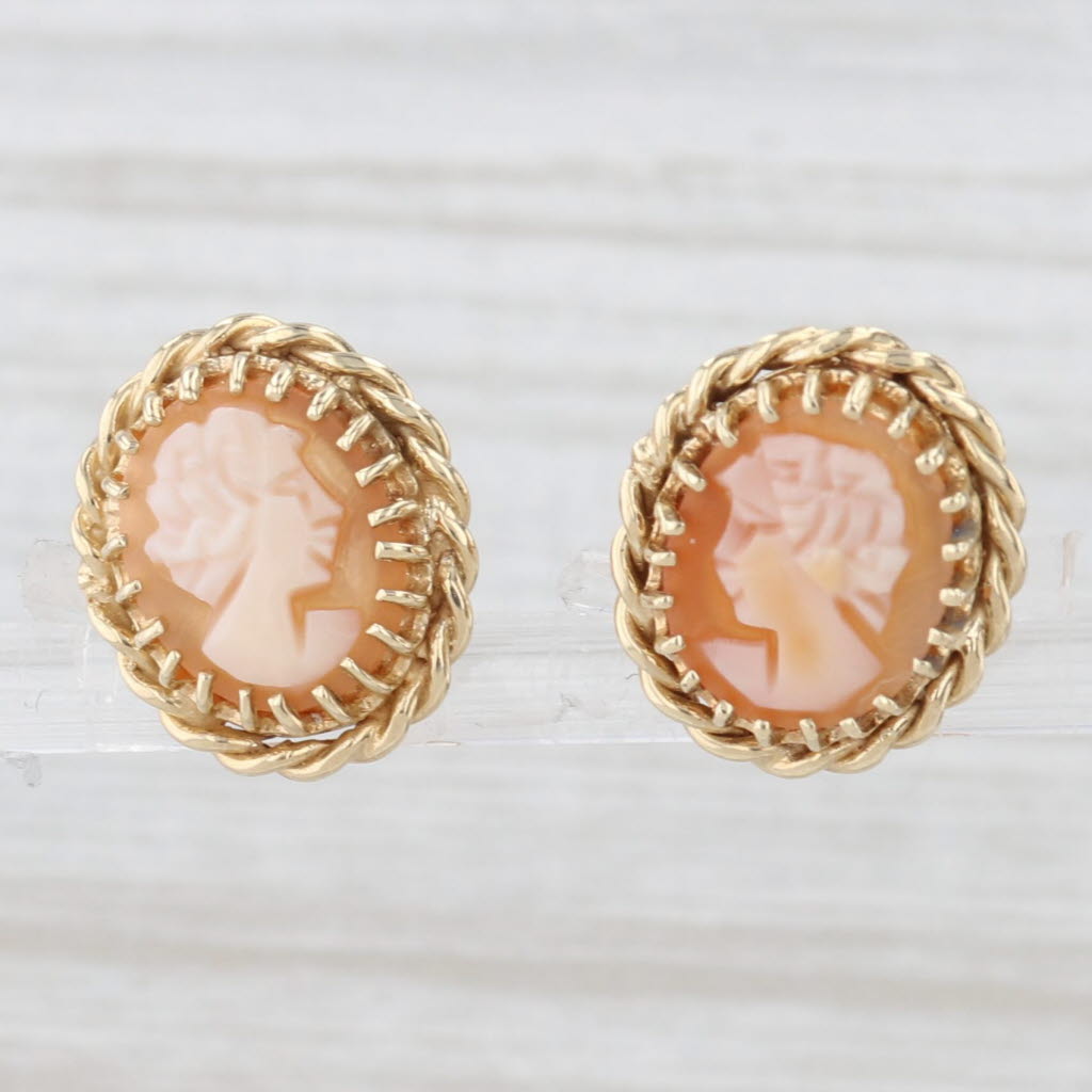 Light Gray Vintage Carved Shell Cameo Stud Earrings 14k Yellow Gold