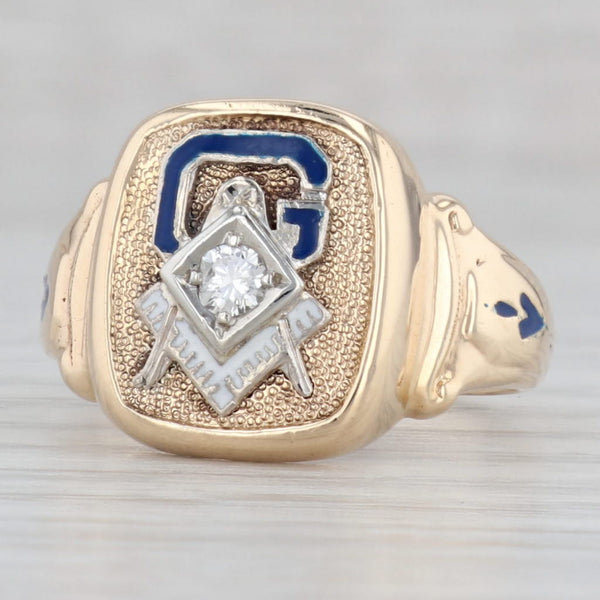 Gray Diamond Masonic Signet Ring 10k Yellow Gold Enamel Blue Lodge Insignia Size 9.25