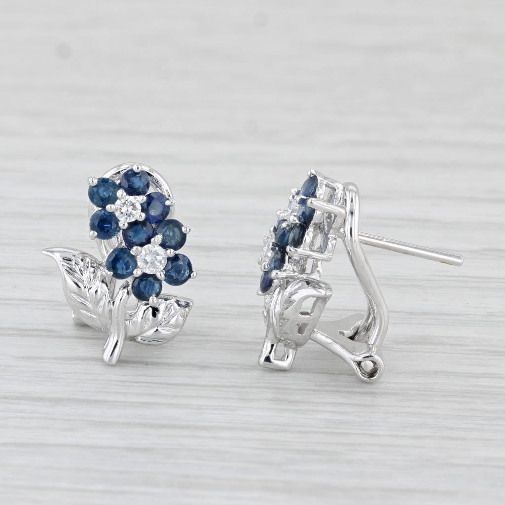 Light Gray 0.88ctw Blue Sapphire Diamond Flower Earrings 18k White Gold Omega Backs