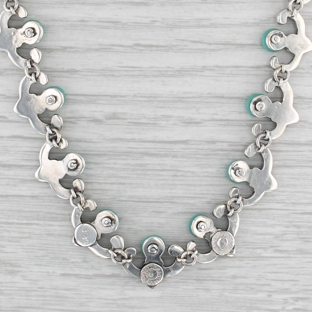 Glass Bead Curved Ornate Link Necklace Sterling Silver Taxco Mexico 14.75"