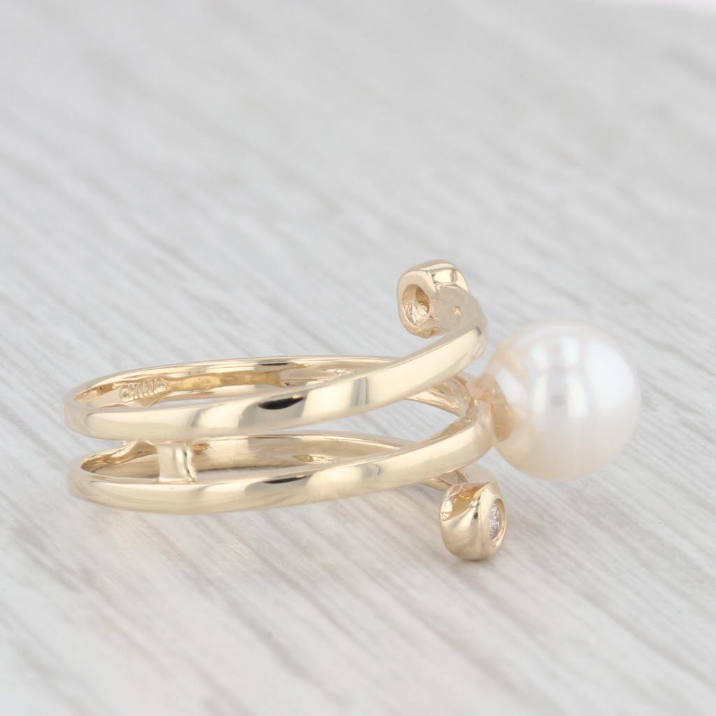 Light Gray Cultured Pearl Diamond Bypass Ring 14k Yellow Gold Size 6