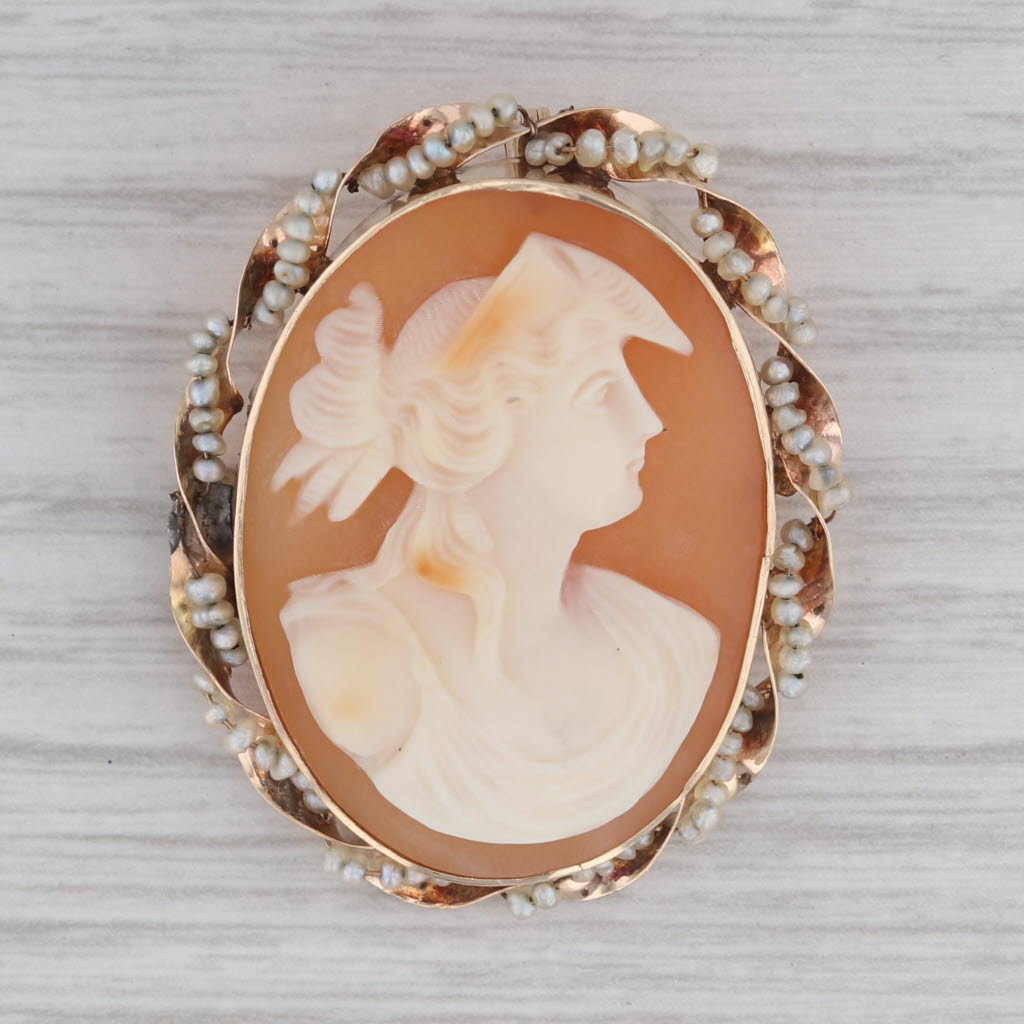 Gray Vintage Carved Shell Cameo Pearl Brooch Pendant 10k Yellow Gold Pin