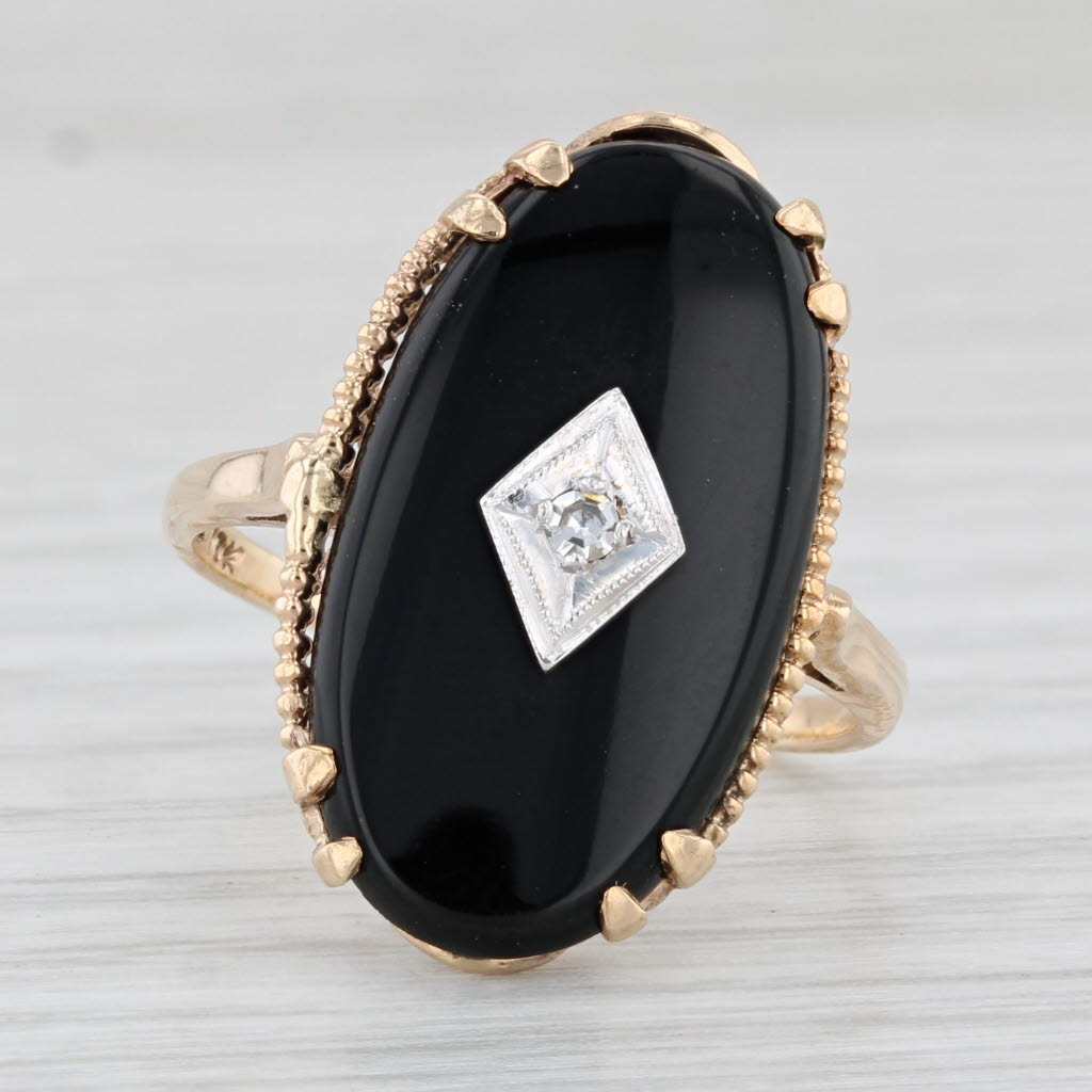 Light Gray Vintage Oval Onyx Diamond Signet Ring 10k Yellow Gold Size 7.75