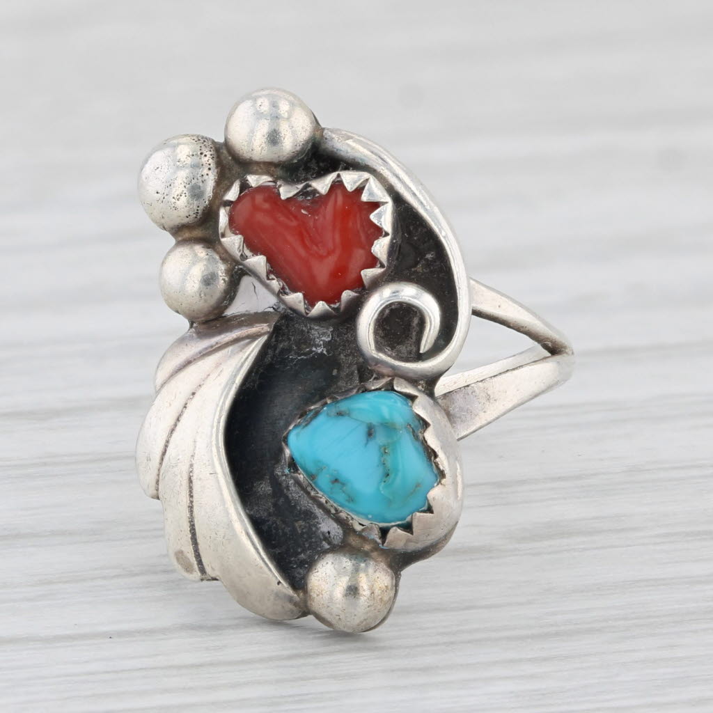 Light Gray Vintage Native American Coral Turquoise Statement Ring Sterling Silver Size 4.5