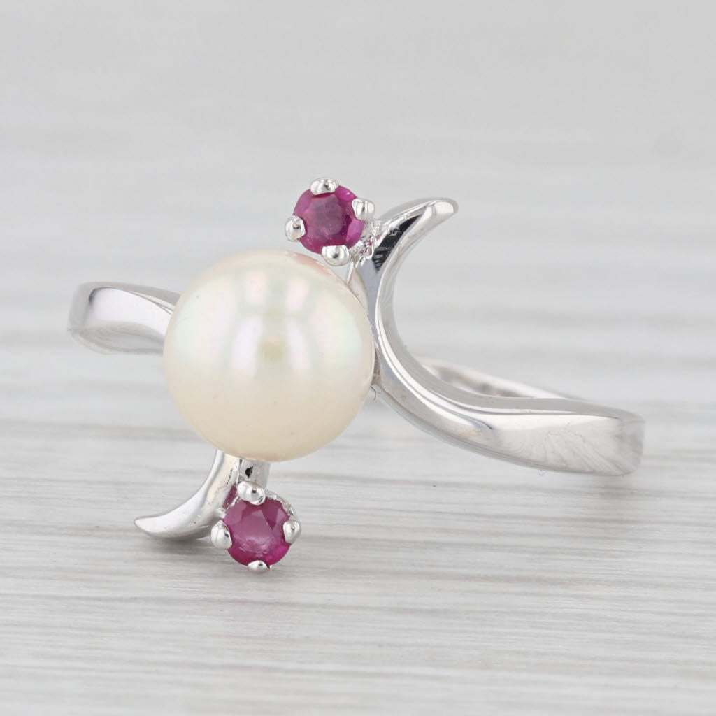 Light Gray Cultured Pearl Ruby Bypass Ring 14k White Gold Size 7