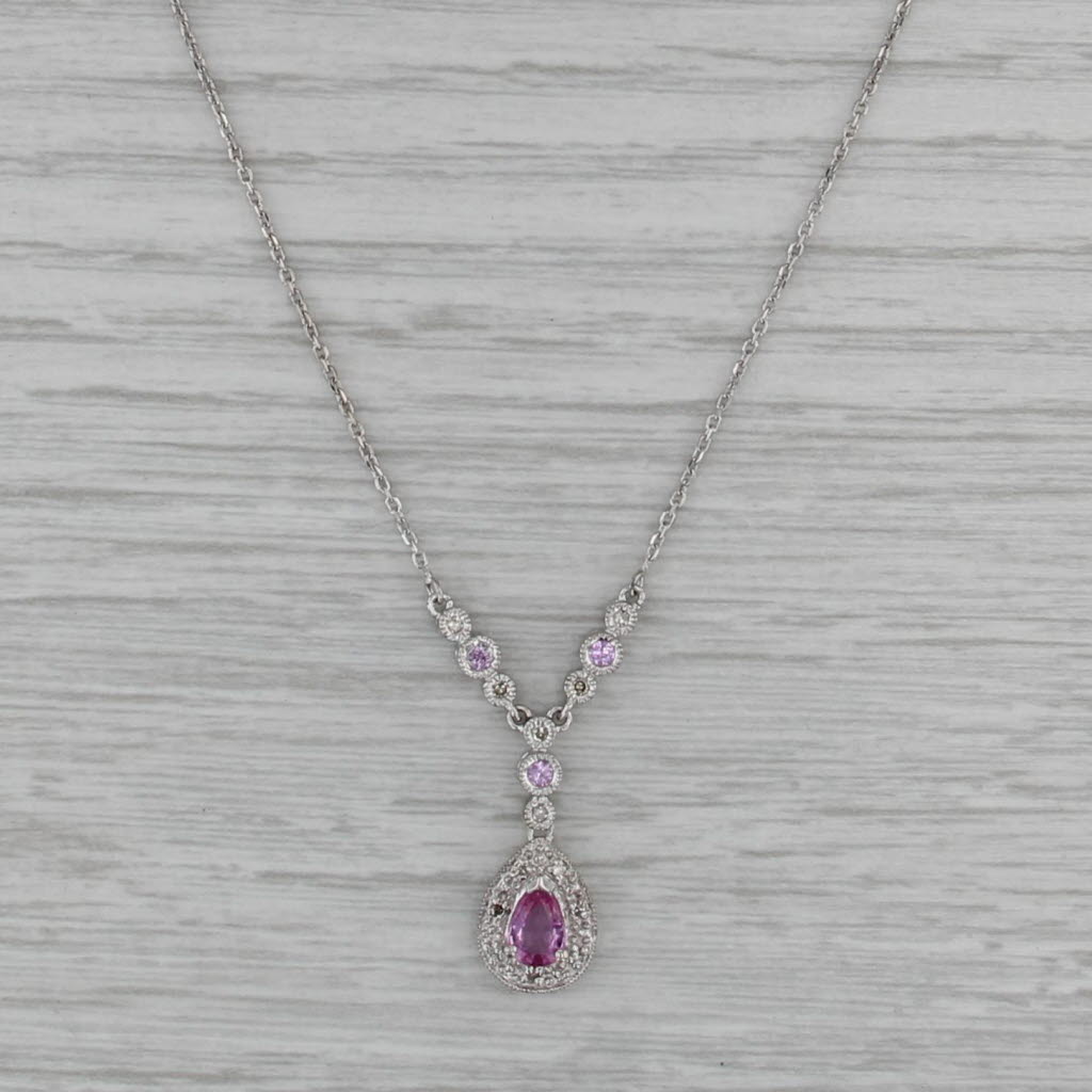 0.71ctw Pink Sapphire Diamond Teardrop Lariat Necklace 10k White Gold 17"