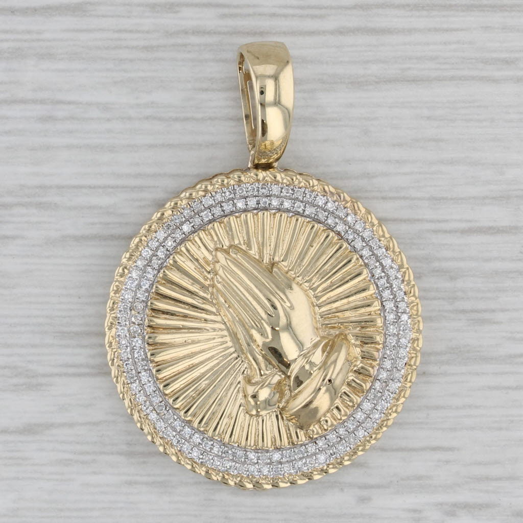 Gray 0.33ctw Diamond Framed Prayer Hands Medallion Pendant 10k Yellow Gold
