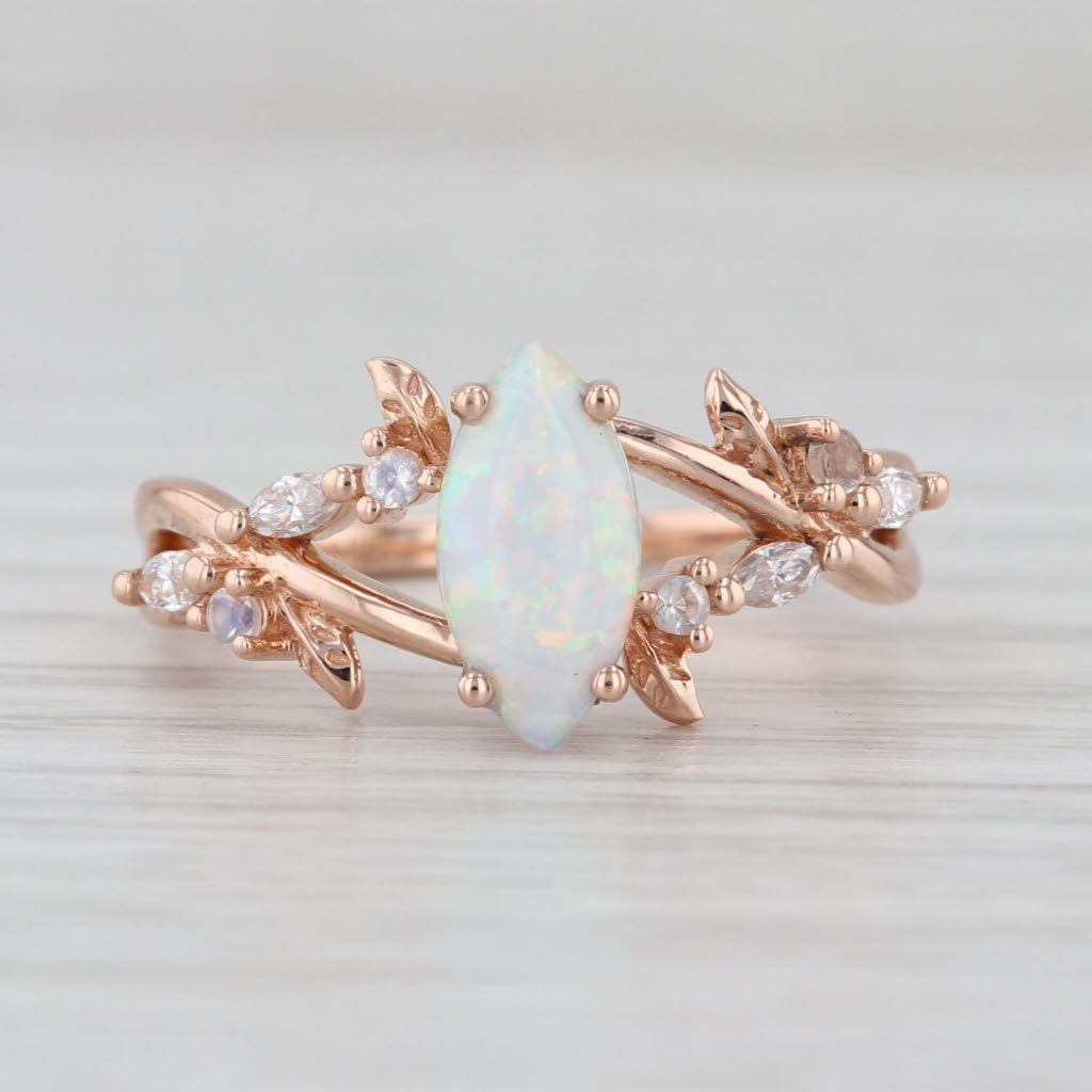 Navette Lab Created Opal Moonstone Diamond Ring 18k Rose Gold Size 6.5