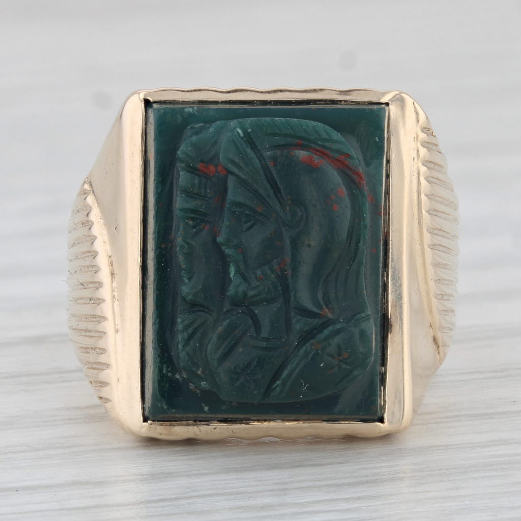 Dark Slate Gray Vintage Bloodstone Carved Soldier Cameo Ring 10k Yellow Gold Size 8.5