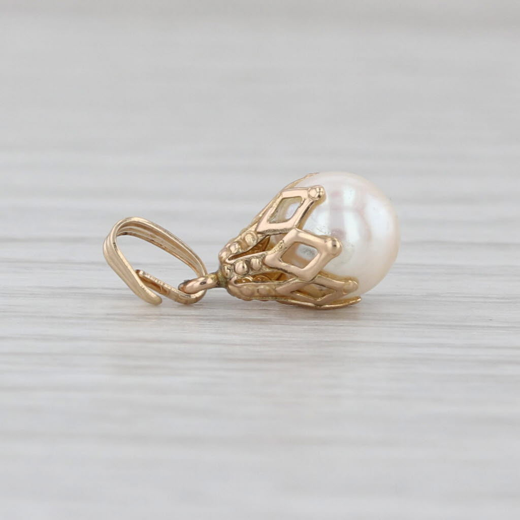 Vintage Small 6.2mm Saltwater Cultured Pearl Drop Pendant 14k Yellow Gold