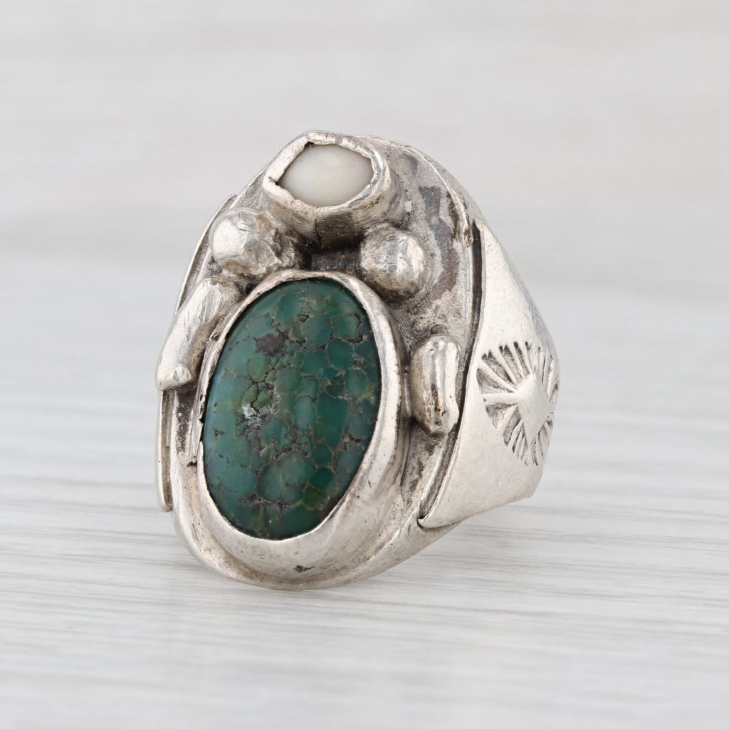 Vintage Native American Green Turquoise Shell Ring Sterling Silver Size 8.75