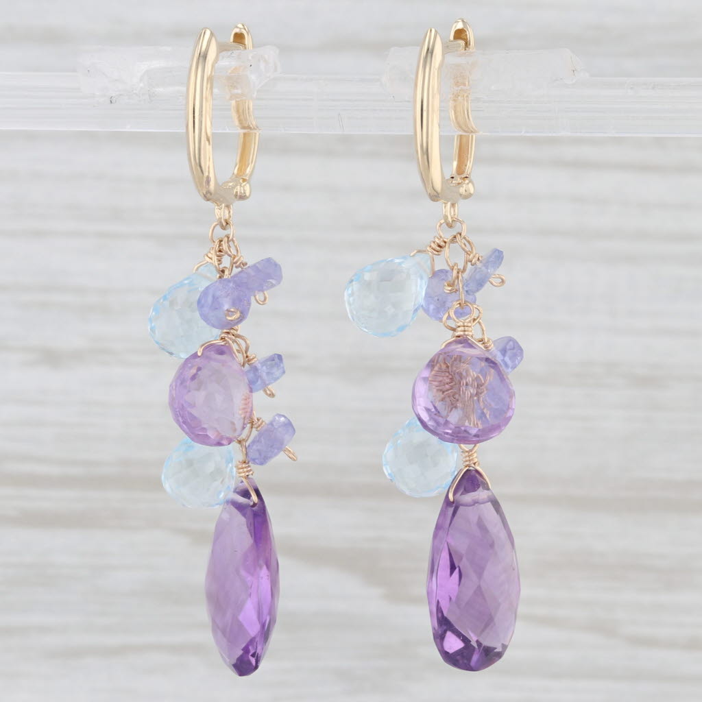 Light Gray Amethyst Blue Topaz Tanzanite Briolette Gemstone Drop Dangle 14K Earrings