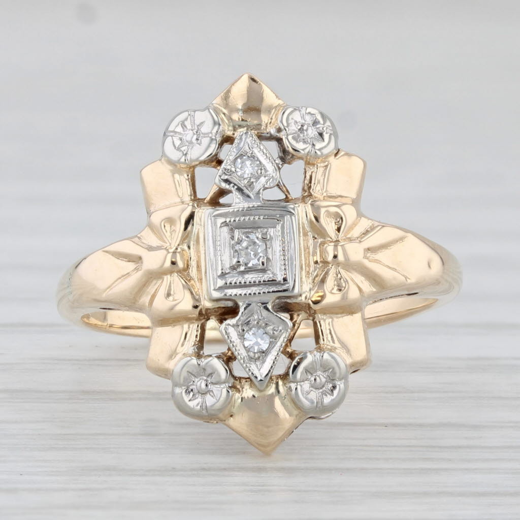 Light Gray Vintage Diamond Ring 14k Yellow Gold Size 5.75 Bow Accents