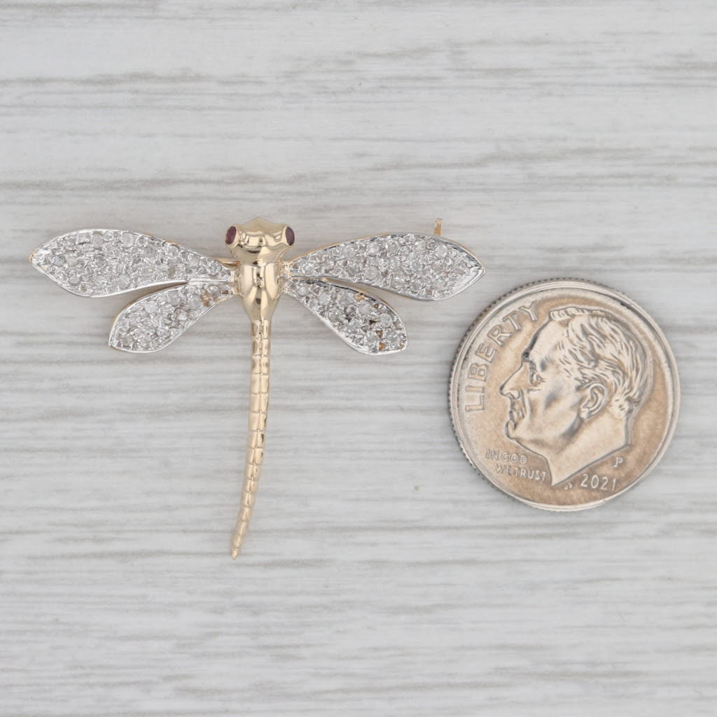 Gray 0.23ctw Diamond Ruby Dragonfly Brooch 14k Yellow White Gold Insect Pin