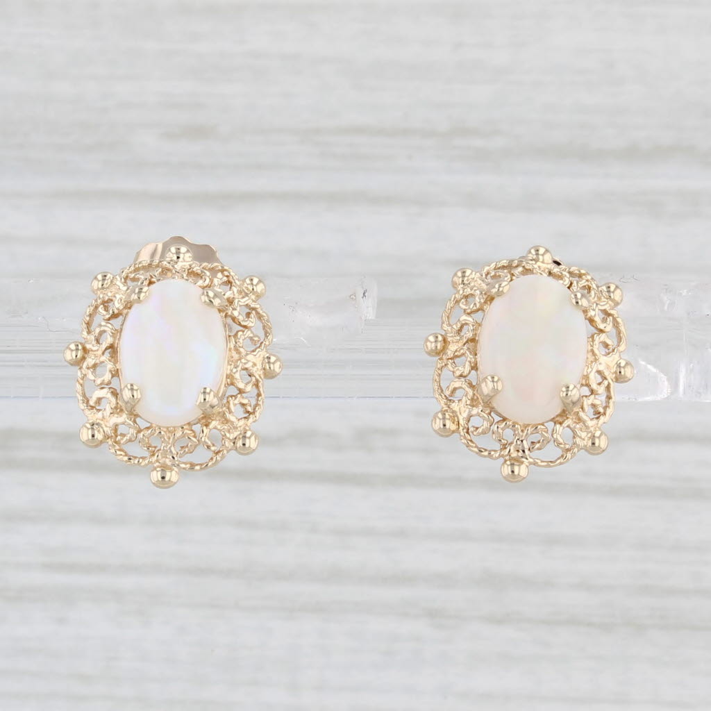 Light Gray Vintage Filigree Opal Solitaire Stud Earrings 10k Yellow Gold