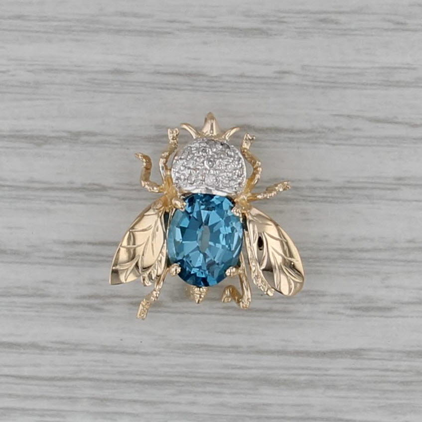 3.50ctw Blue Topaz Diamond Bee Brooch Pendant 14k Yellow Gold Pin