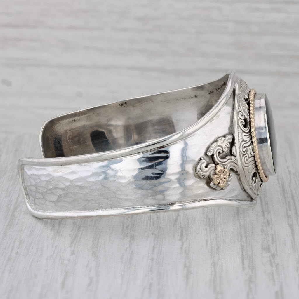 Gray Ornate Floral Abalone Shell Cuff Bracelet Sterling Silver 14k Gold Statement