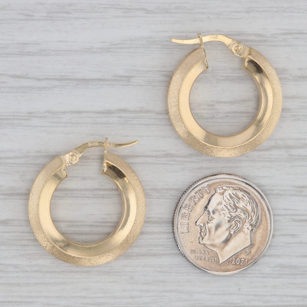 Gray New Round Beveled Hoop Earrings Brushed 14k Yellow Gold Snap Top Hoops