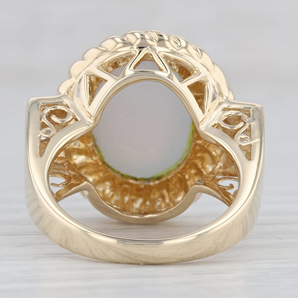 Light Gray Blue Chalcedony Diamond Ring 14k Yellow Gold Size 8.5 Oval Cabochon