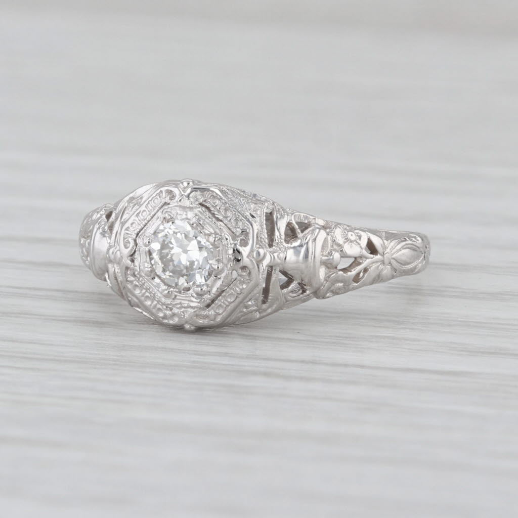 Art Deco 0.29ct Old European Diamond Solitaire Engagement Ring 18k White Gold