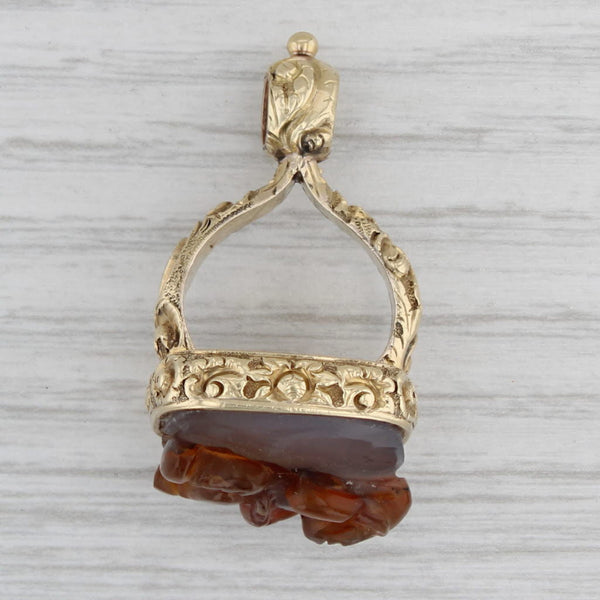 Gray Antique Brown Agate Cameo Figural Fob Charm Pendant 14k Gold