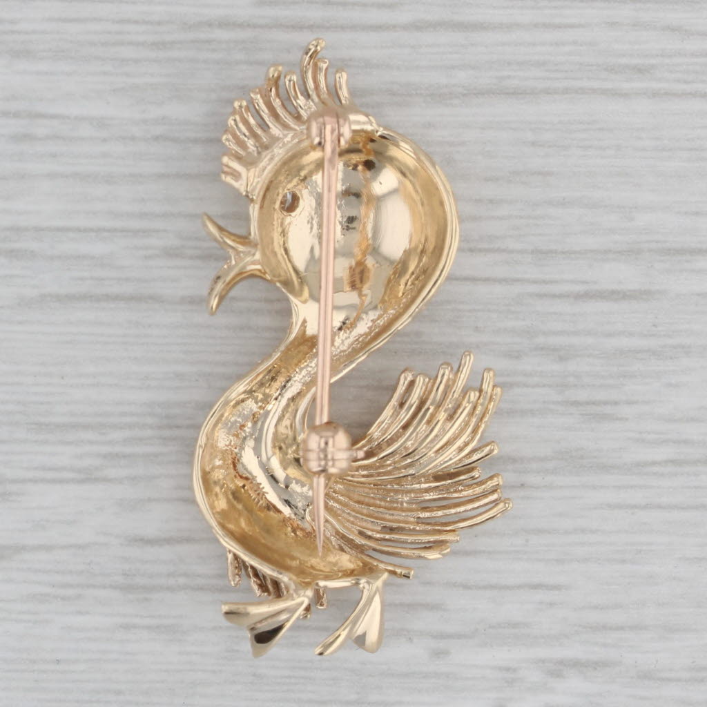 Gray Vintage Diamond Eyed Chicken Brooch 14k Yellow Gold Pin