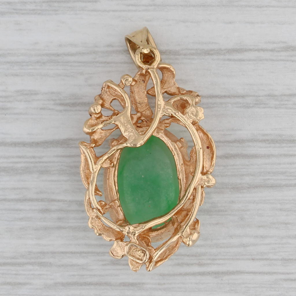 Gray Ornate Jadeite Jade Pendant 18k Yellow Gold Green Oval Cabochon Solitaire