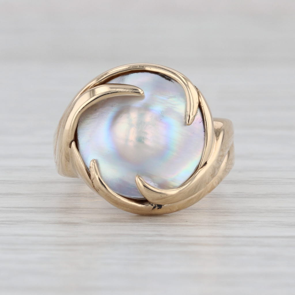 13mm Blister Pearl Solitaire Ring 14k Yellow Gold Size 6 Swirl Setting