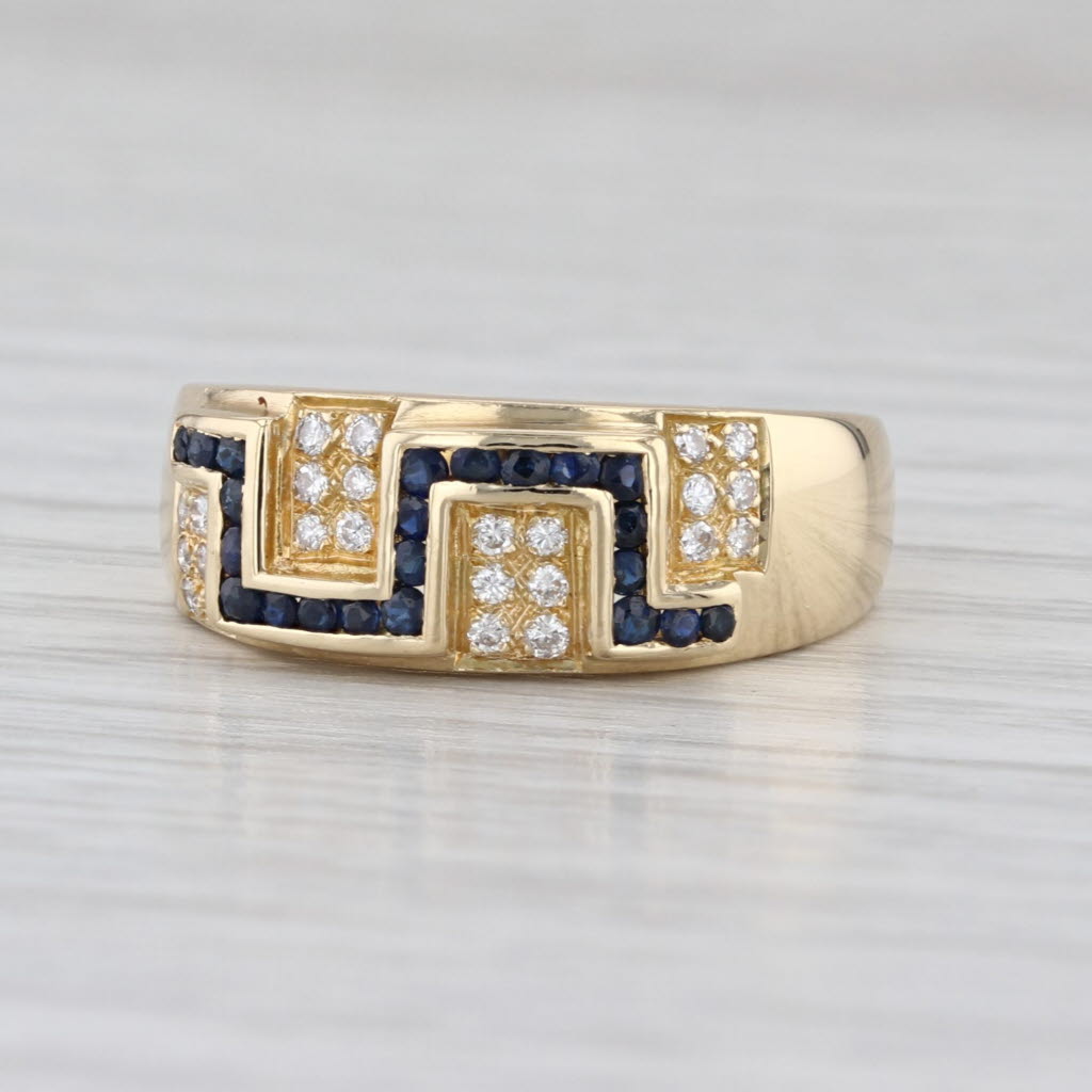 Vintage 0.40ctw Blue Sapphire Diamond Greek Key Ring 18k Yellow Gold Size 7-7.25