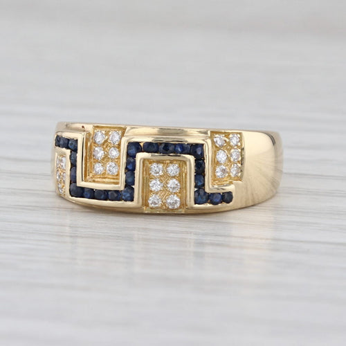 Vintage 0.40ctw Blue Sapphire Diamond Greek Key Ring 18k Yellow Gold Size 7-7.25