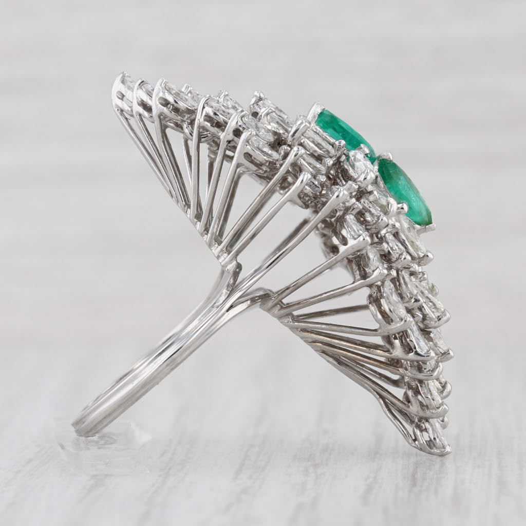 Emerald Diamond Waterfall Cocktail Ring 14k White Gold Size 8.75 GGL Card & Box
