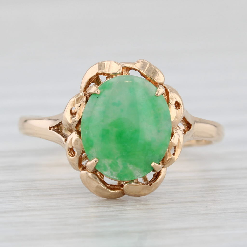 Light Gray Green Jadeite Jade Ring 14k Rose Gold Oval Cabochon Solitaire Size 7.5