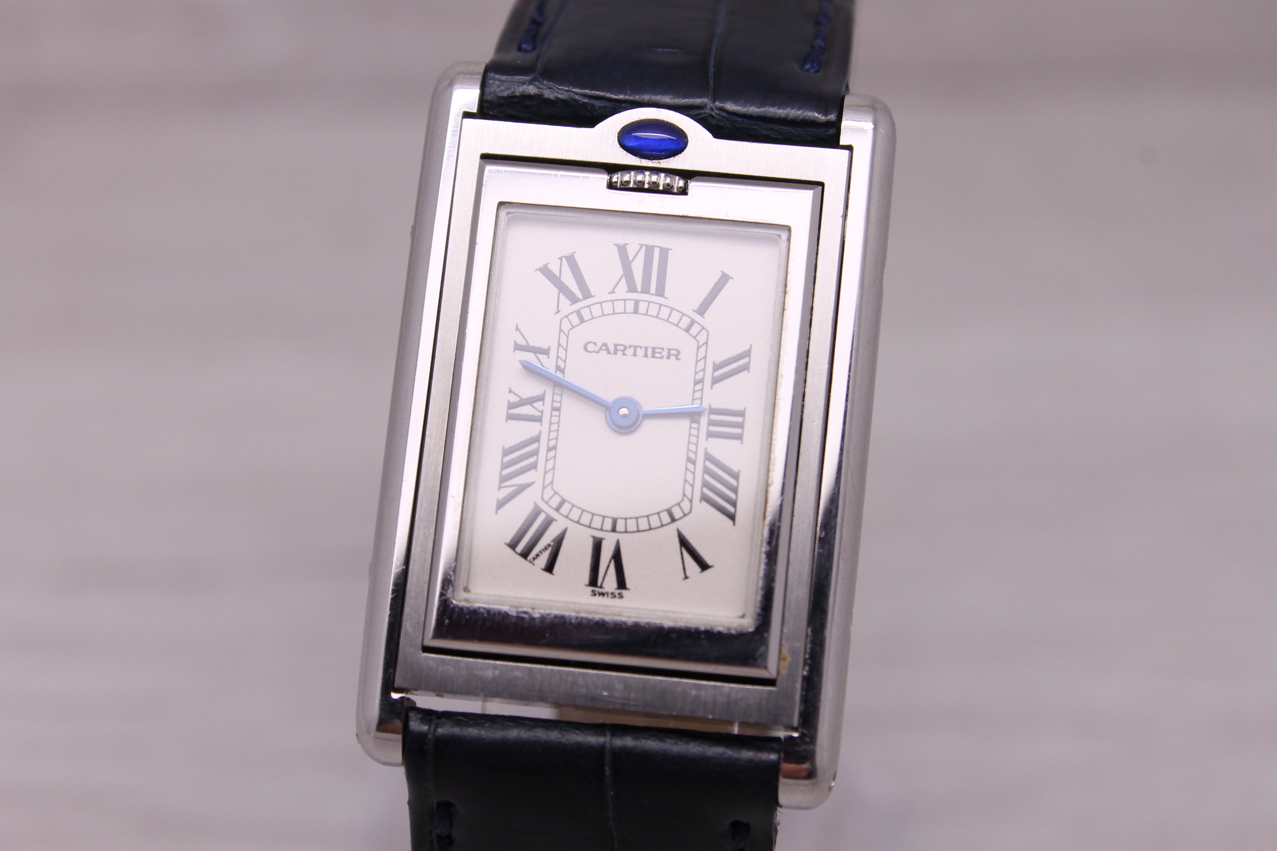 Dark Gray Cartier Basculante ref.2405 Stainless Steel Quartz Watch Original Blue Strap Box