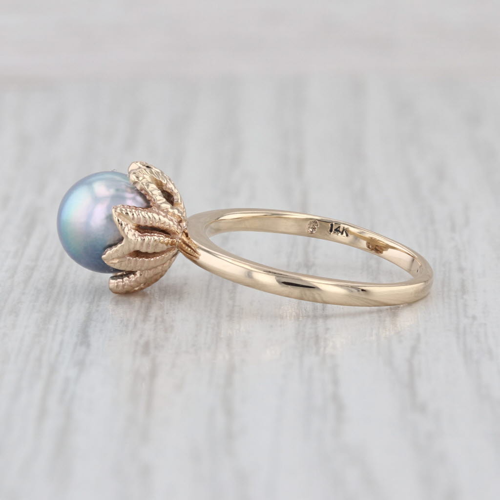 Cultured Saltwater Black Pearl Solitaire Ring 14k Yellow Gold Size 7.5