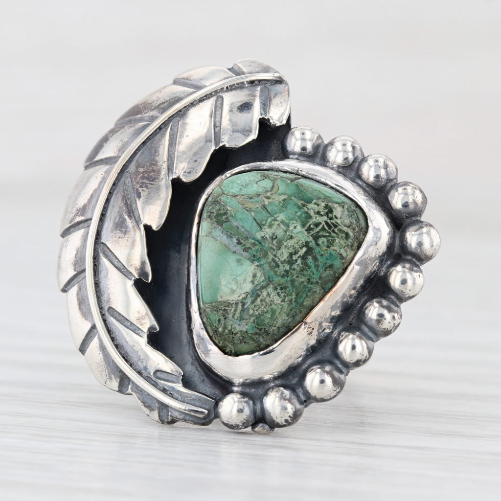 Vintage Green Copper Mineral Resi Feather Ring Sterling Silver Size 6.25
