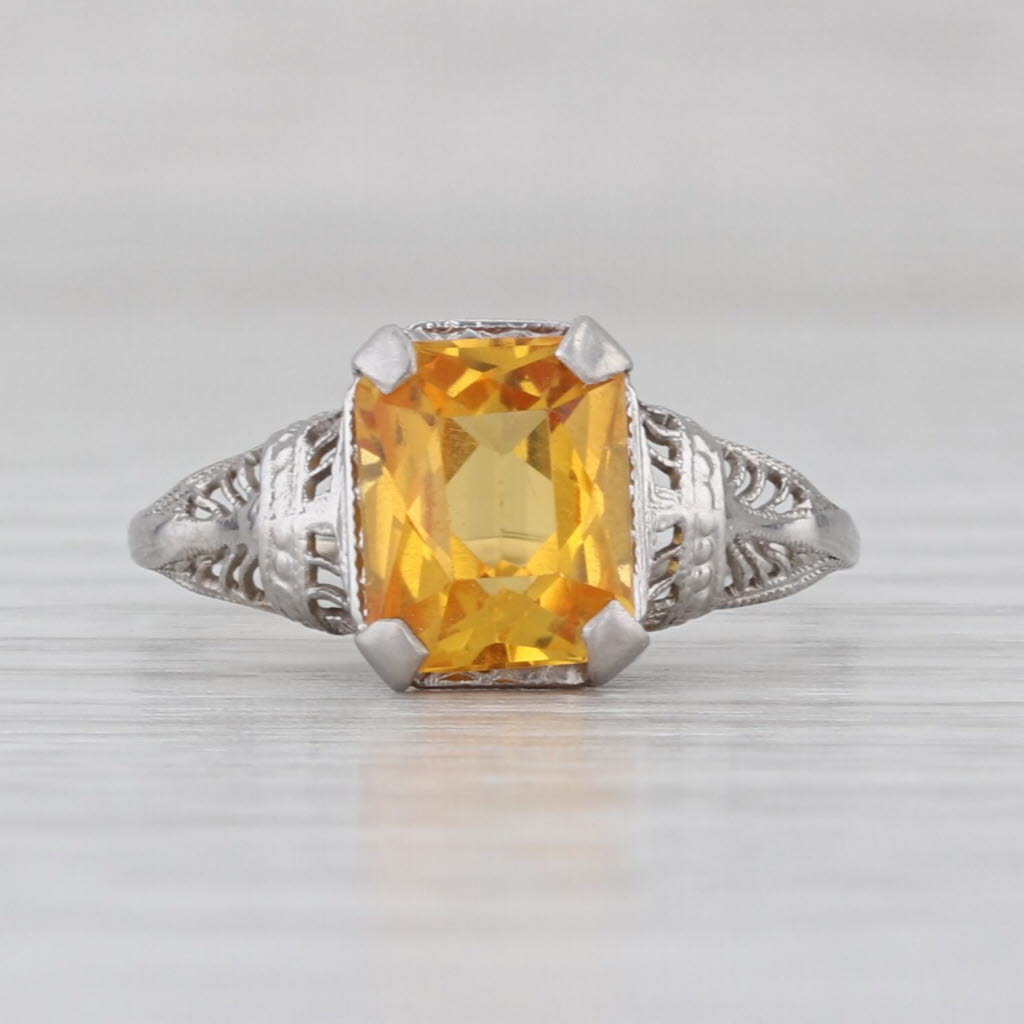 Vintage Lab Created Yellow Sapphire Ring Art Deco Filigree 10k White Gold Sz 6