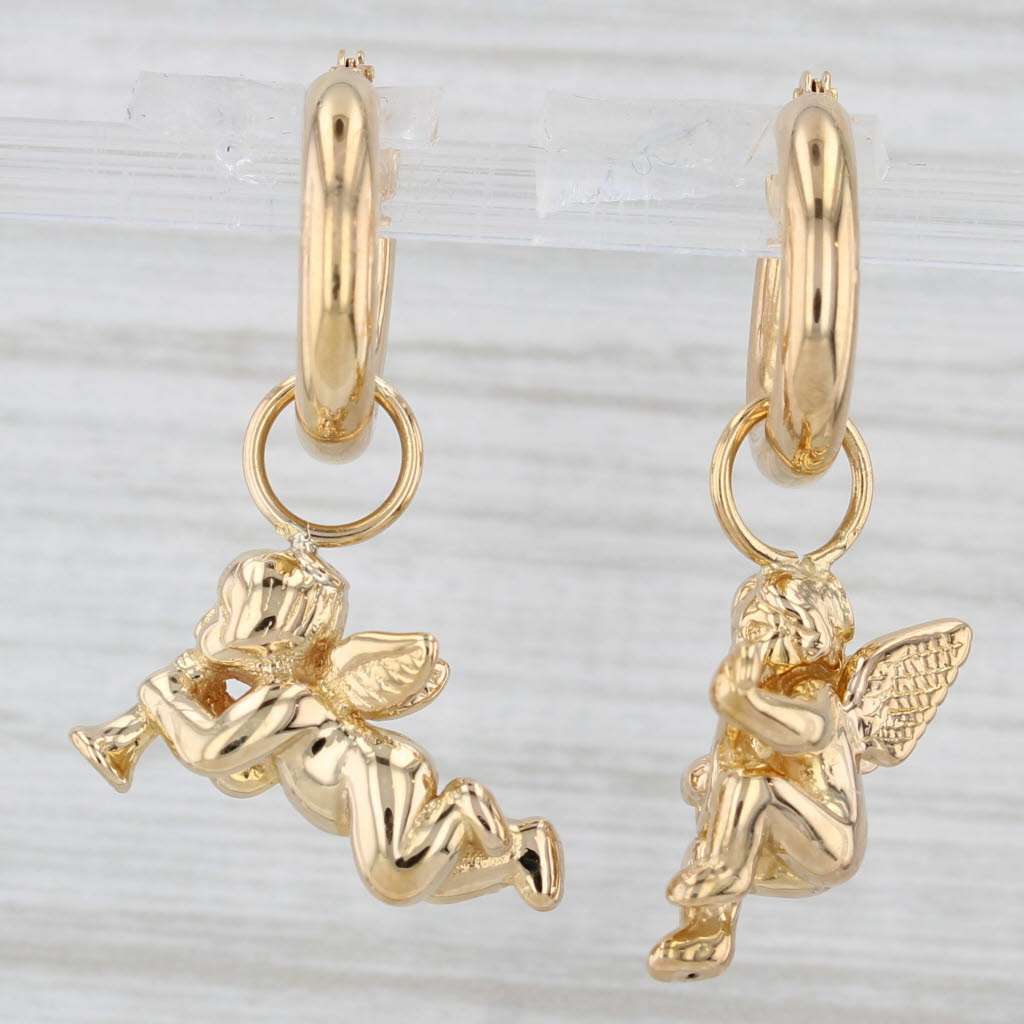 Light Gray Heraldic Cherub Dangle Hoop Earrings 18k Gold Guardian Angel Charms on Hoops