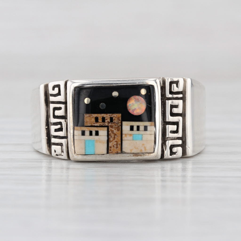 Stone Mosaic Night Town Scene Ring Sterling Silver Size 10.5 Native American