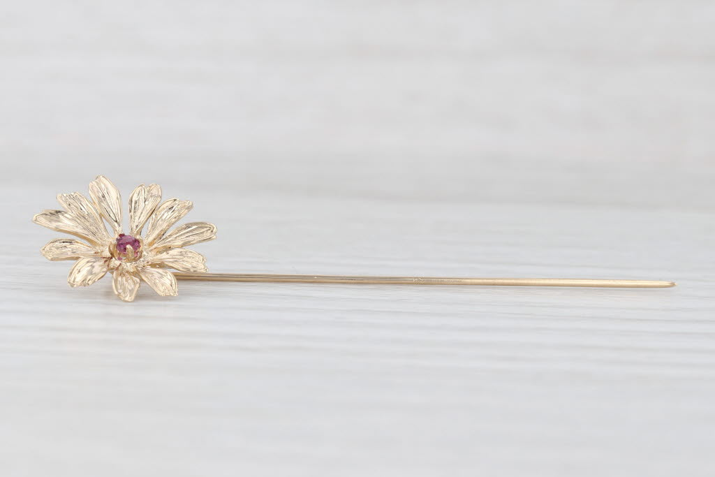 Light Gray Ruby Flower Stickpin 14k Yellow Gold Vintage Floral Pin