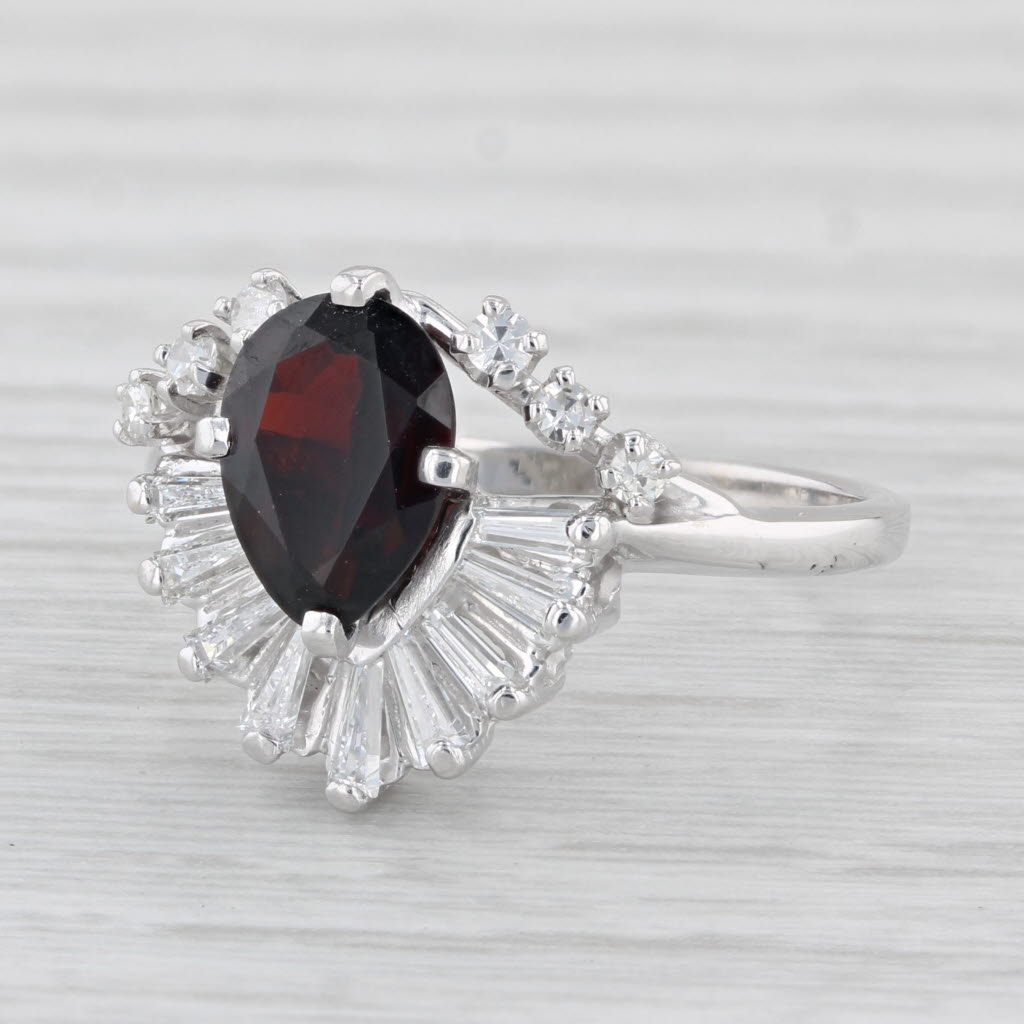 Light Gray 1.45ctw Pear Garnet Diamond Spray Ring 14k White Gold Size 6.5