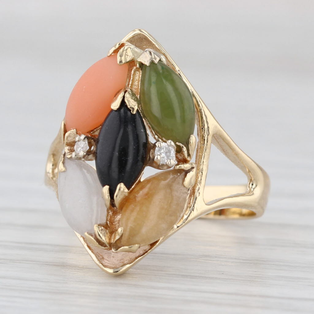 Coral Jade Cabochons Cluster Ring 14k Yellow Gold Size 6 Diamond Accents