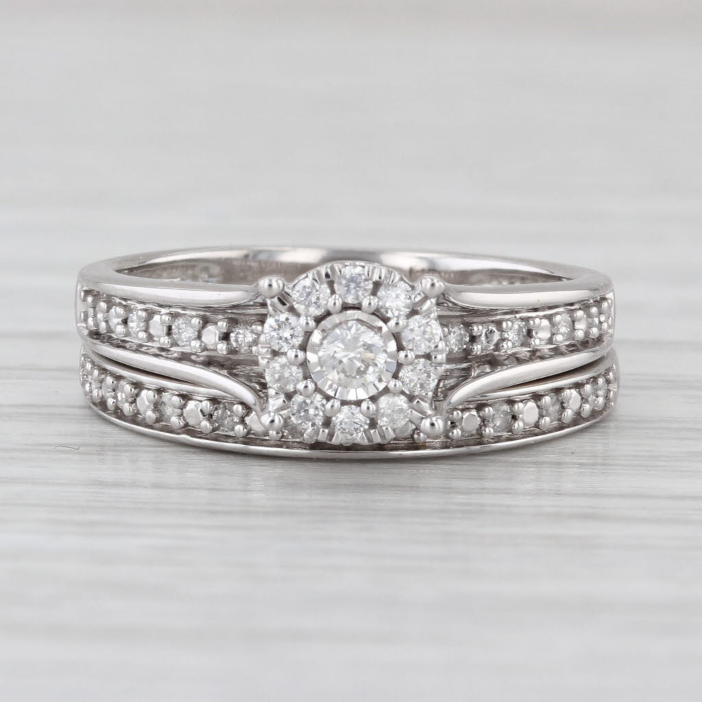 0.35ctw Diamond Halo Engagement Ring Wedding Band Bridal Set 10k White Gold Sz 7